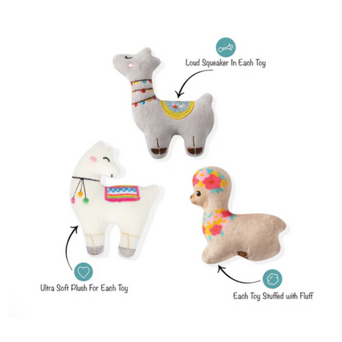 Llama Love Plush Dog Toy 3pk - info card