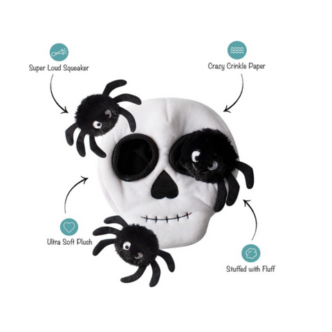 Mr Skulls with Spiders Plush Dog Toy - features